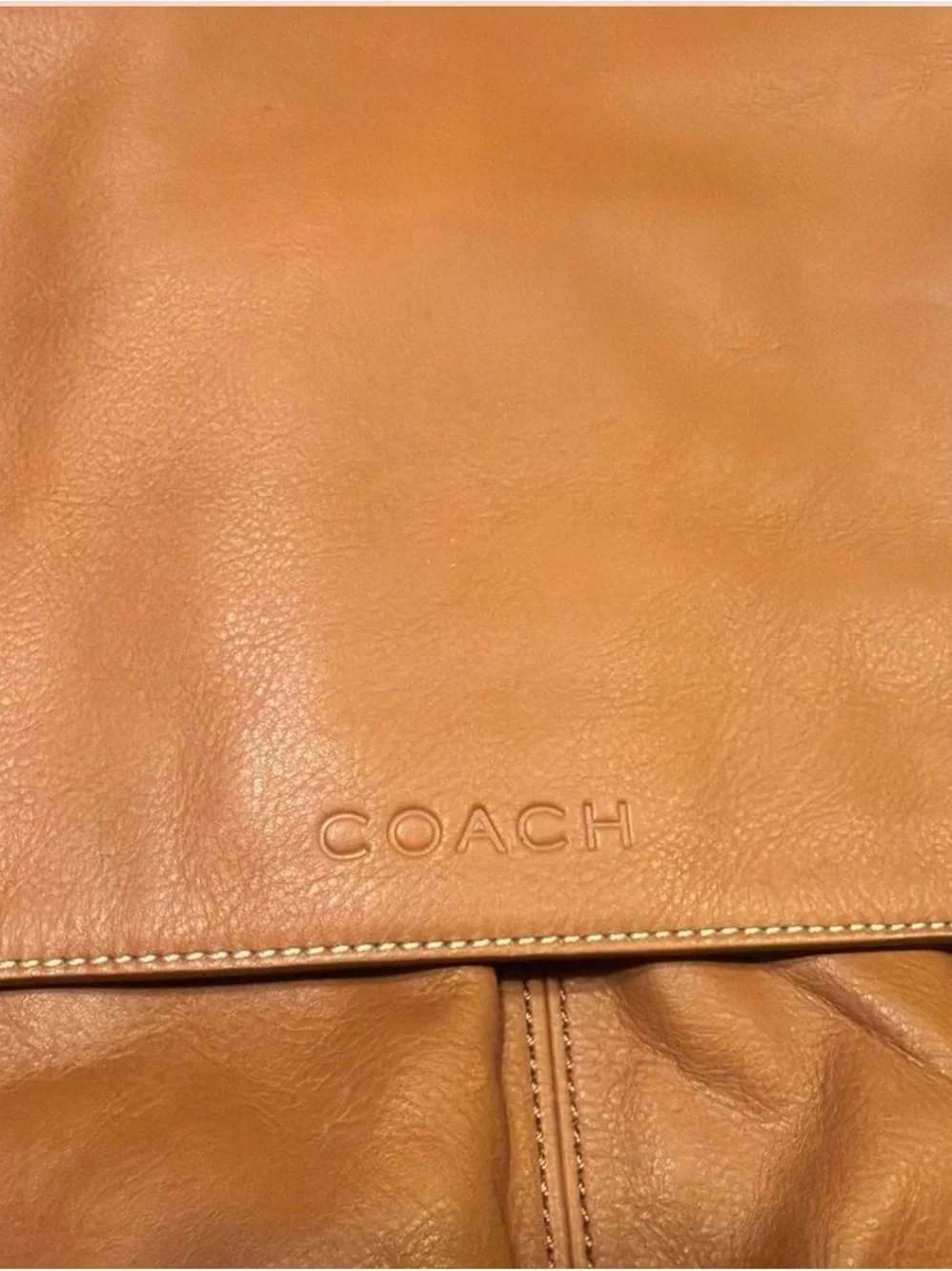 COACH Cognac Leather Messenger Bag with Navy-Striped Strap